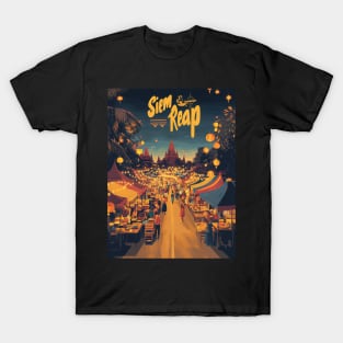 Wander through the bustling night market of Siem Reap, where colorful stalls offer local delicacies and artisan crafts, illuminated by T-Shirt